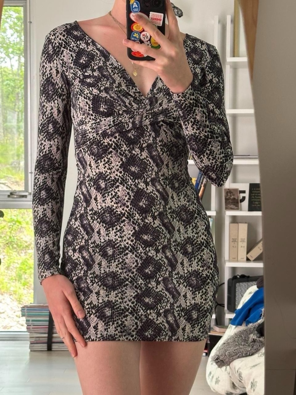 Black & White Snake-Print Long Sleeve Bodycon Dress